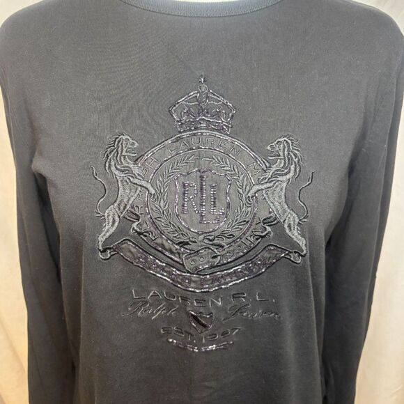Lauren Ralph Lauren LRL Emblem Bling Black Long Sleeve Top Shirt Womens Designer - Picture 3 of 5